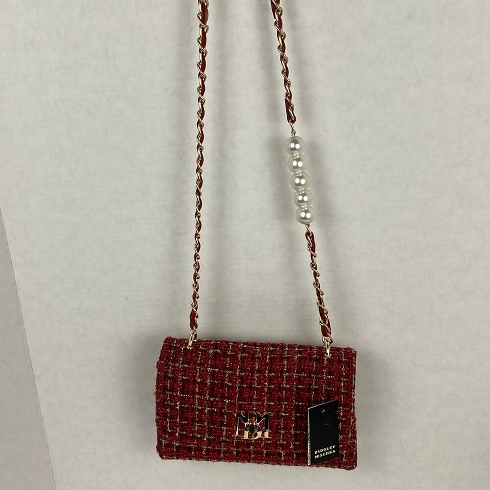 Badgley Mischka Purse Burgundy Red Tweed Shoulder Bag Crossbody Gold Accents - Picture 2 of 13